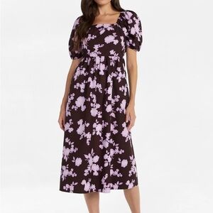 Floral Puff Sleeve Midi Dress - Black and Purple